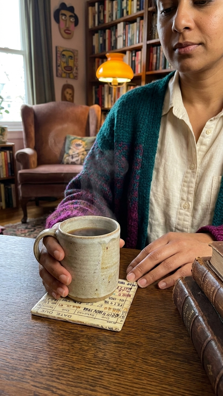 Library Due Date Card Coasters styled with a hand resting on a mug