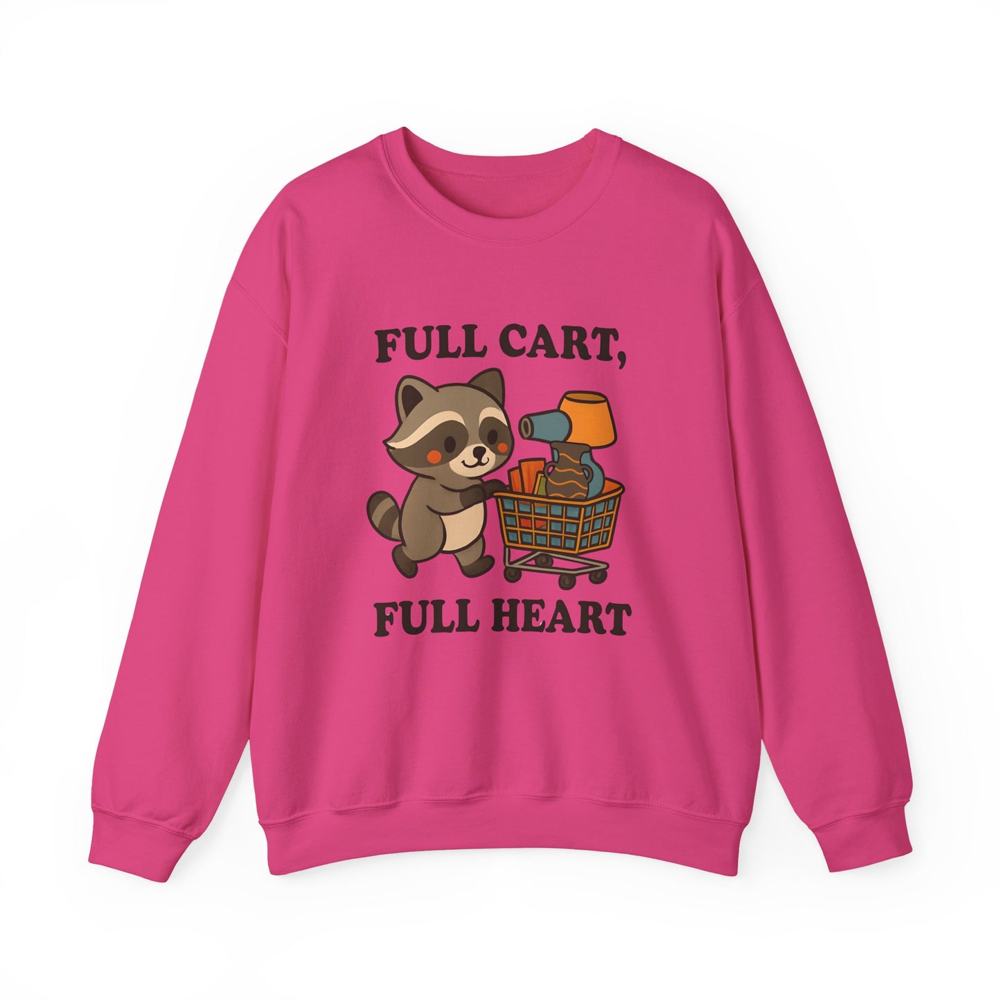 Funny Cute Raccoon Thrift Crewneck Sweatshirt - Full Cart, Full Heart Vintage, Retro Cozy Sweatshirt, Animal Lover Apparel