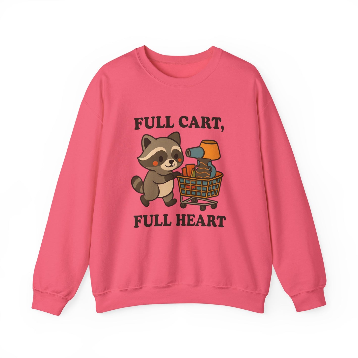 Funny Cute Raccoon Thrift Crewneck Sweatshirt - Full Cart, Full Heart Vintage, Retro Cozy Sweatshirt, Animal Lover Apparel
