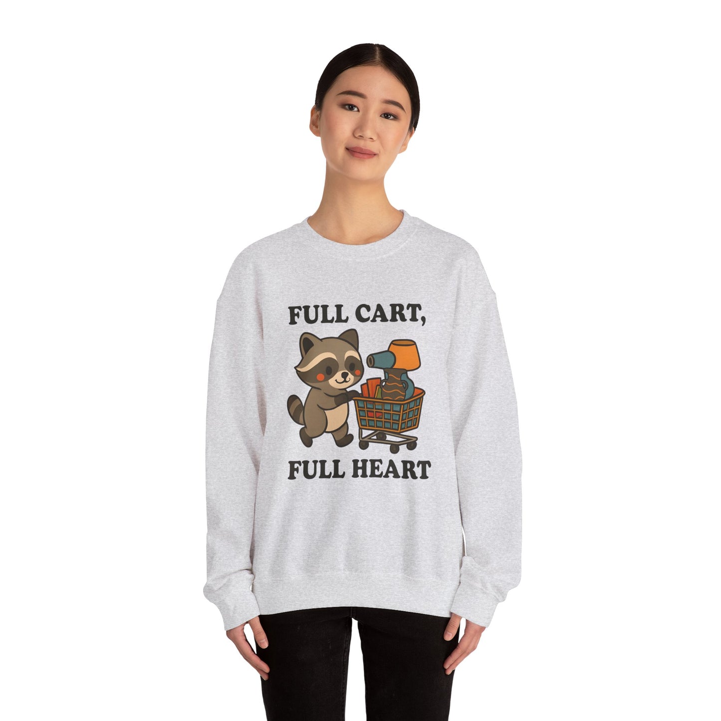 Funny Cute Raccoon Thrift Crewneck Sweatshirt - Full Cart, Full Heart Vintage, Retro Cozy Sweatshirt, Animal Lover Apparel