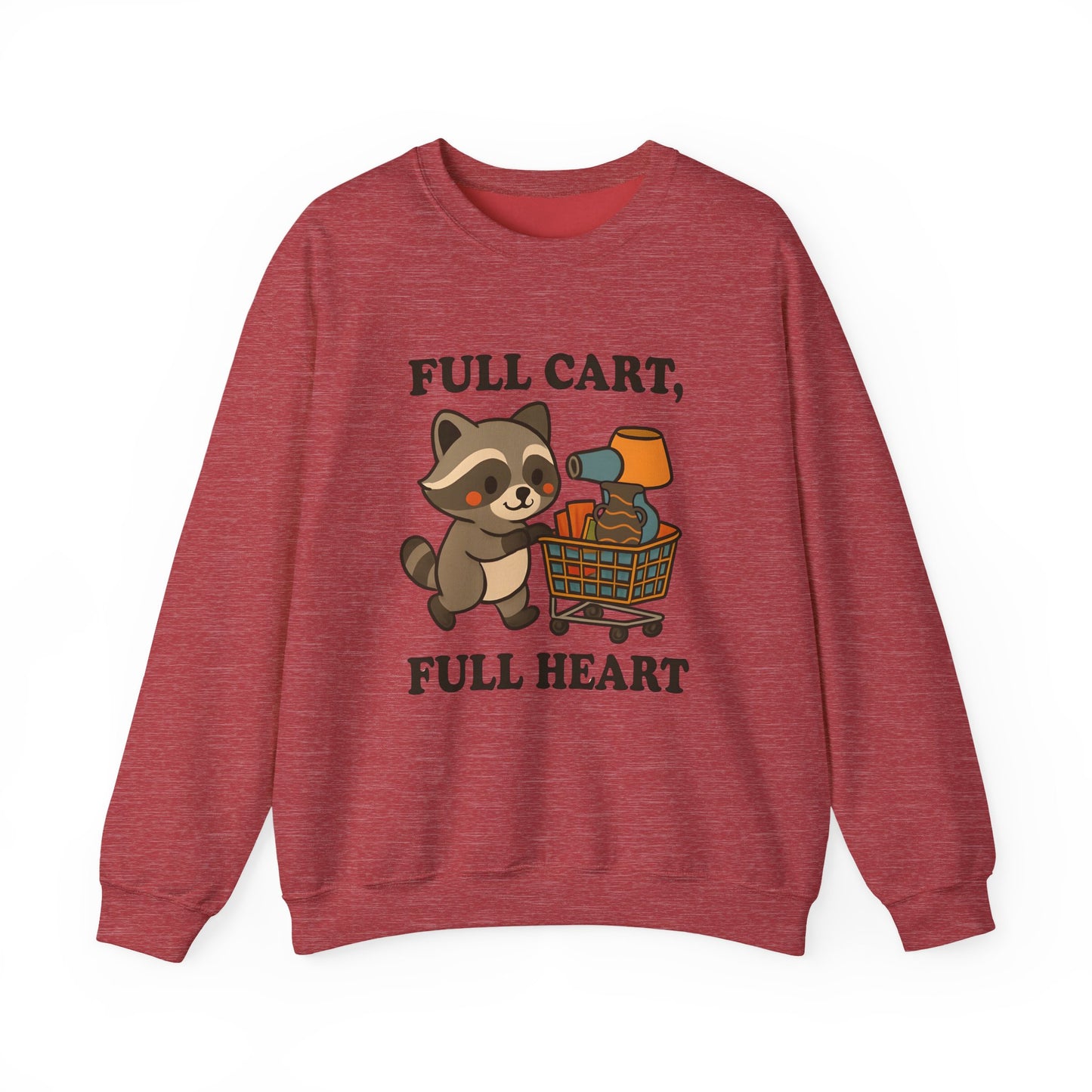 Funny Cute Raccoon Thrift Crewneck Sweatshirt - Full Cart, Full Heart Vintage, Retro Cozy Sweatshirt, Animal Lover Apparel