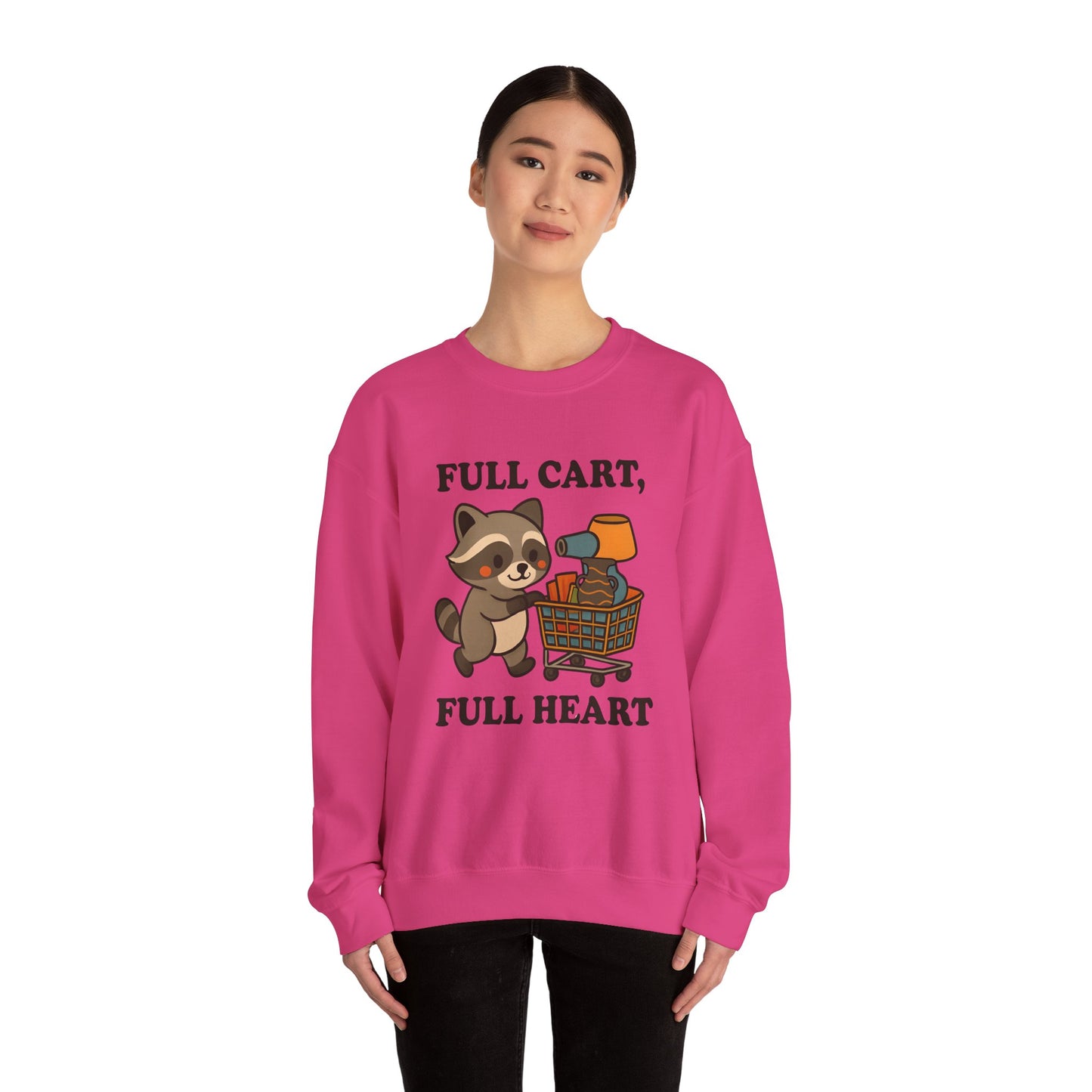 Funny Cute Raccoon Thrift Crewneck Sweatshirt - Full Cart, Full Heart Vintage, Retro Cozy Sweatshirt, Animal Lover Apparel