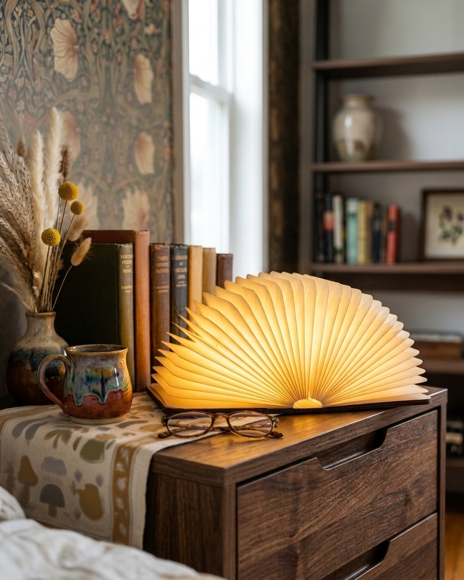 Folding Book Lamp glowing on a nightstand