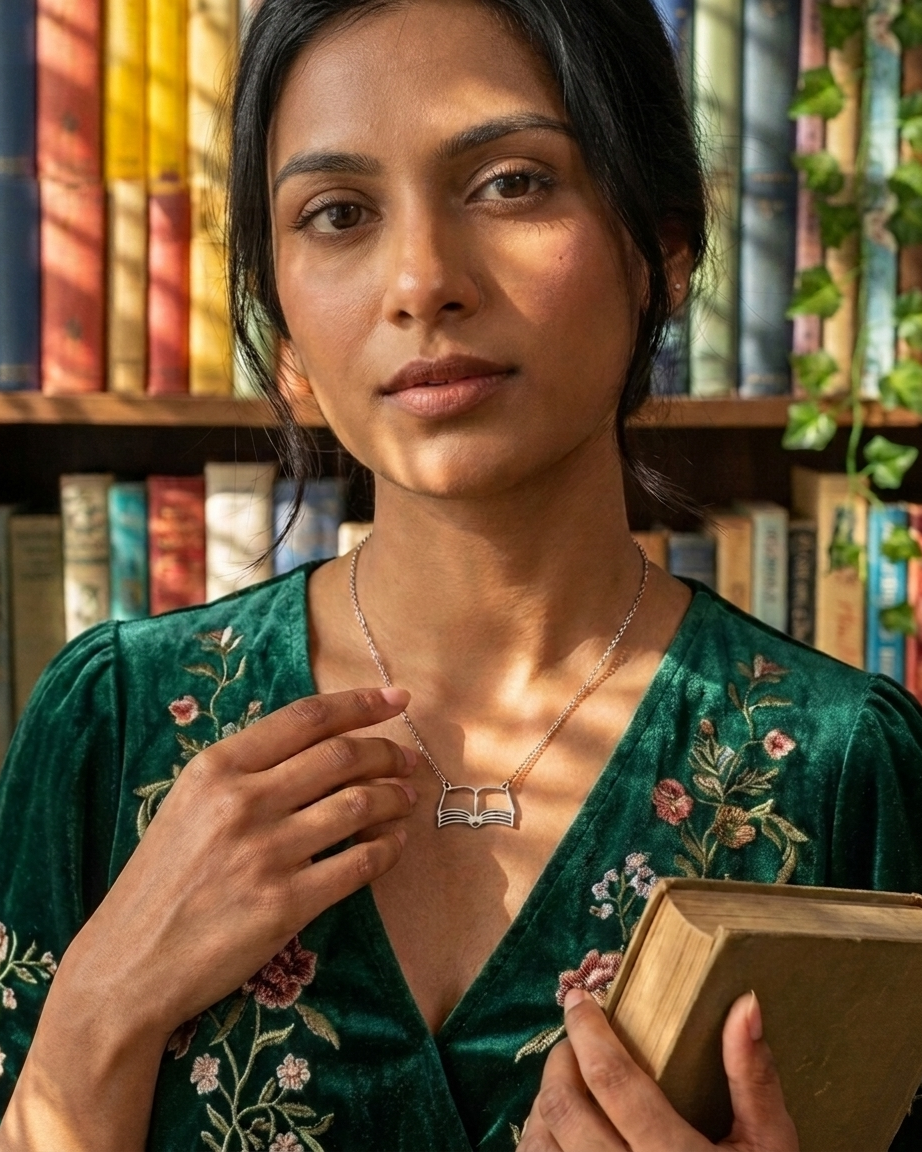Open Book Pendant Necklace worn