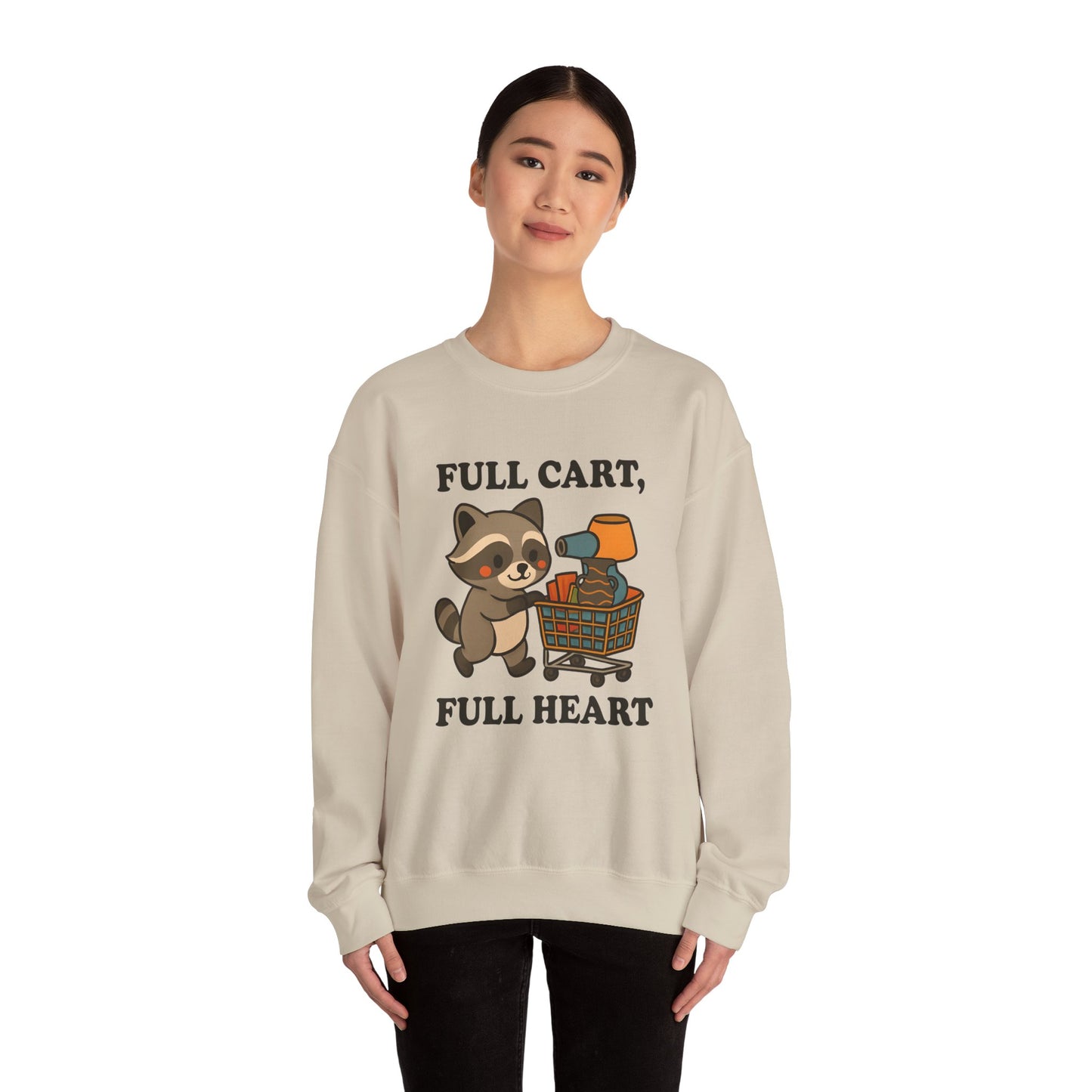 Funny Cute Raccoon Thrift Crewneck Sweatshirt - Full Cart, Full Heart Vintage, Retro Cozy Sweatshirt, Animal Lover Apparel
