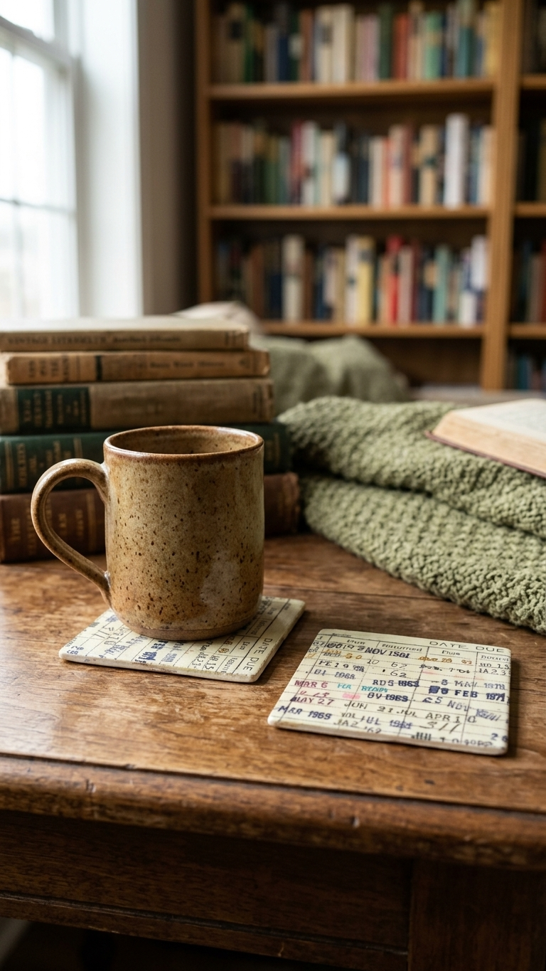 Library Due Date Card Coasters with a mug and stacked books