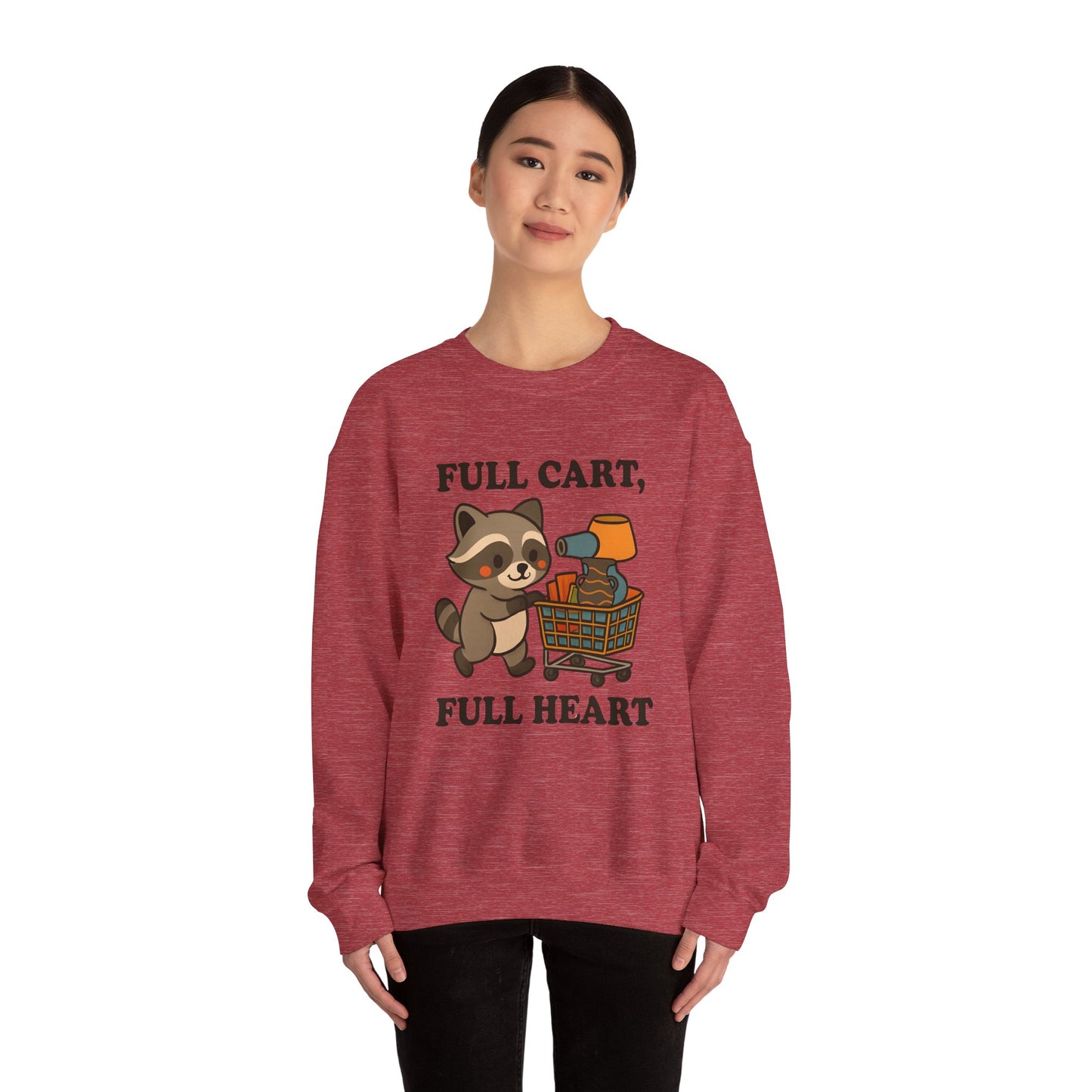 Funny Cute Raccoon Thrift Crewneck Sweatshirt - Full Cart, Full Heart Vintage, Retro Cozy Sweatshirt, Animal Lover Apparel