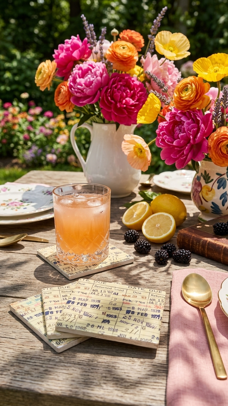 Library Due Date Card Coasters styled outdoors with a drink
