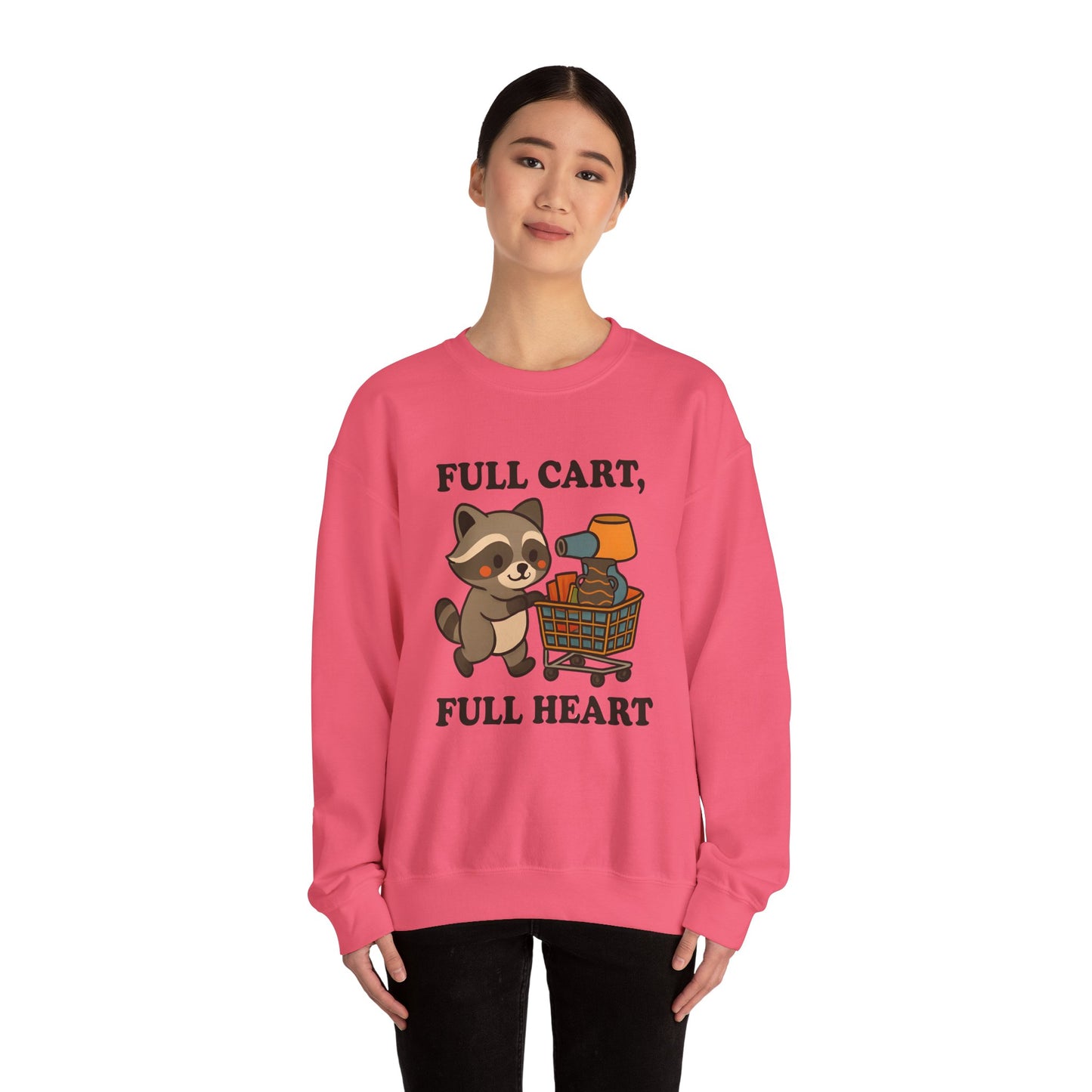 Funny Cute Raccoon Thrift Crewneck Sweatshirt - Full Cart, Full Heart Vintage, Retro Cozy Sweatshirt, Animal Lover Apparel