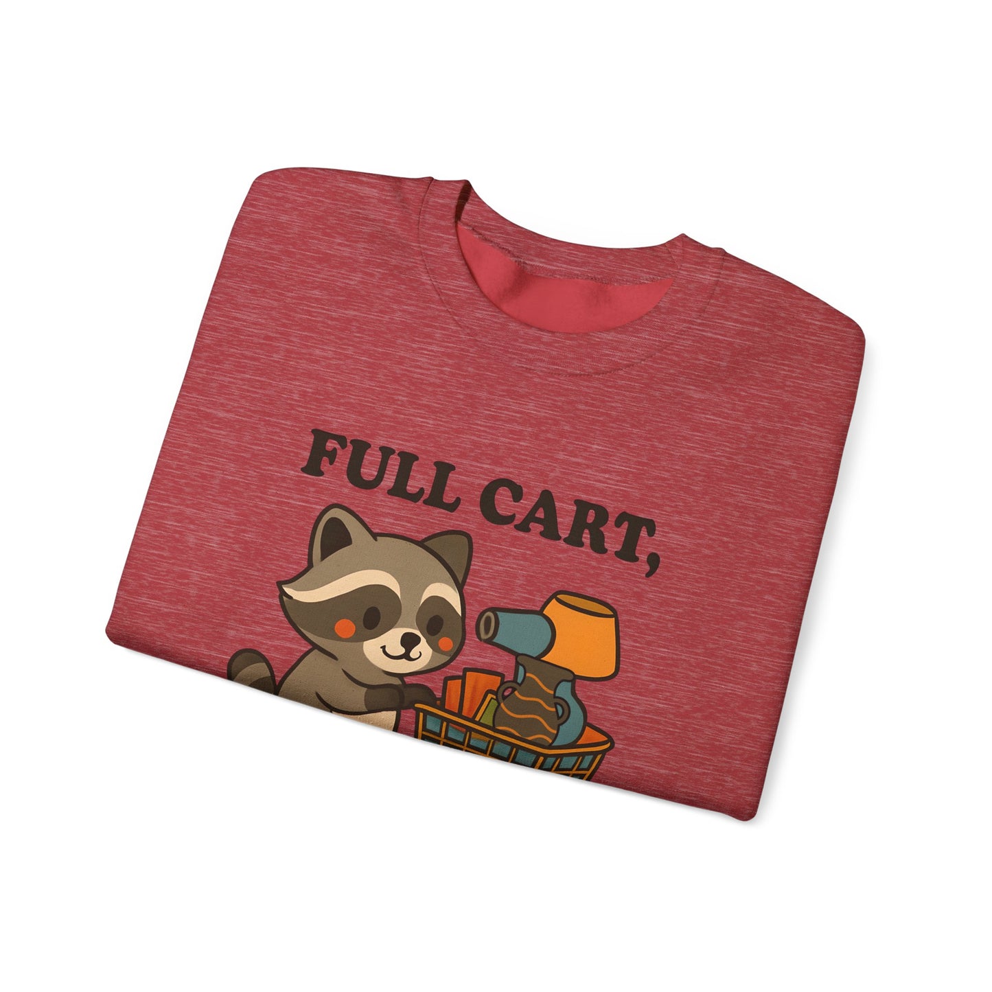 Funny Cute Raccoon Thrift Crewneck Sweatshirt - Full Cart, Full Heart Vintage, Retro Cozy Sweatshirt, Animal Lover Apparel