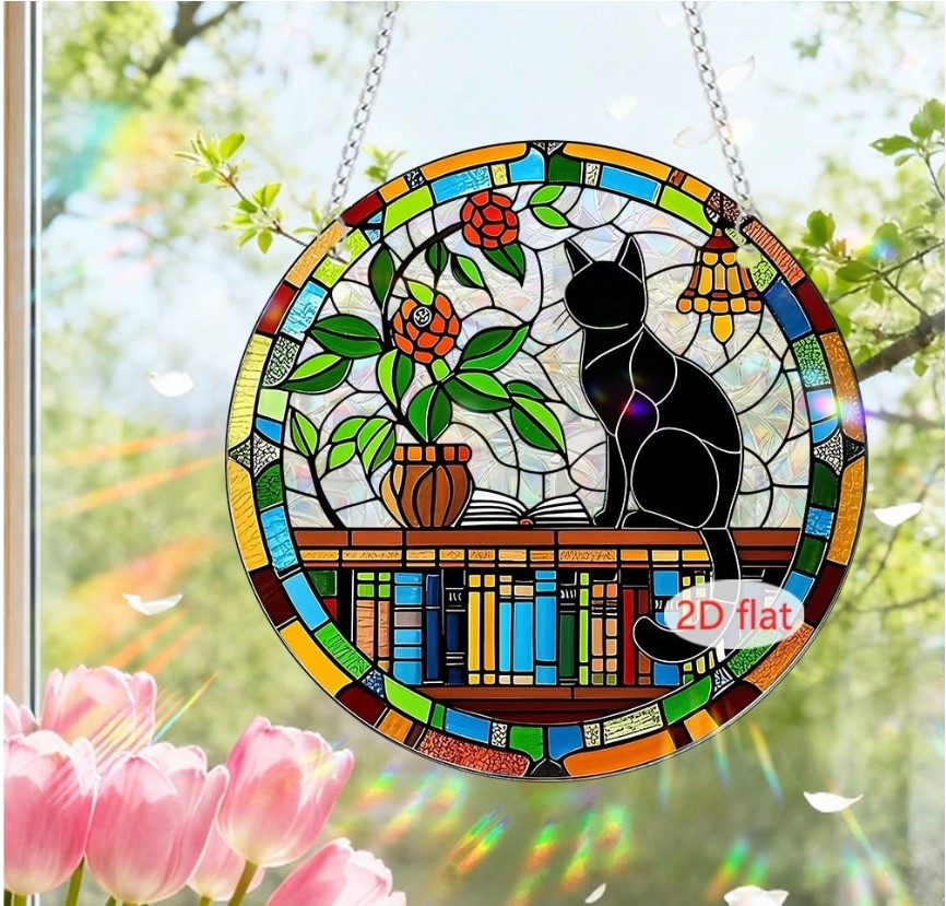 Stained-glass suncatcher - cat and bookshelf design