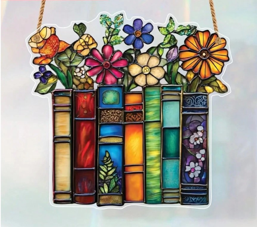 Stained-glass suncatcher - floral bookshelf design