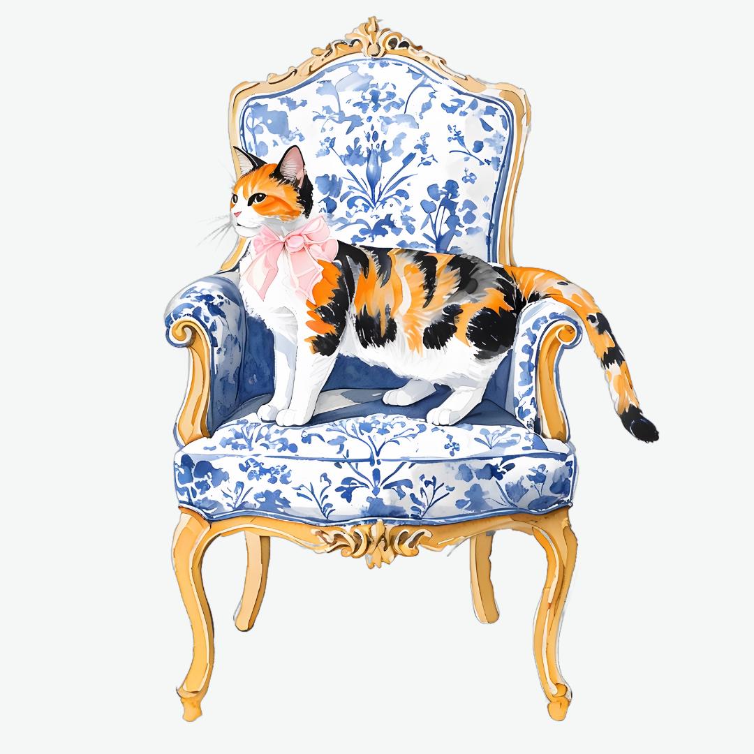 Calico Cat Rococo Art Square PNG, Chinoiserie Cat, Blue Willow, Grand Millenial, Cat Mom Gift, Toile Calico Cat, Cat Portrait