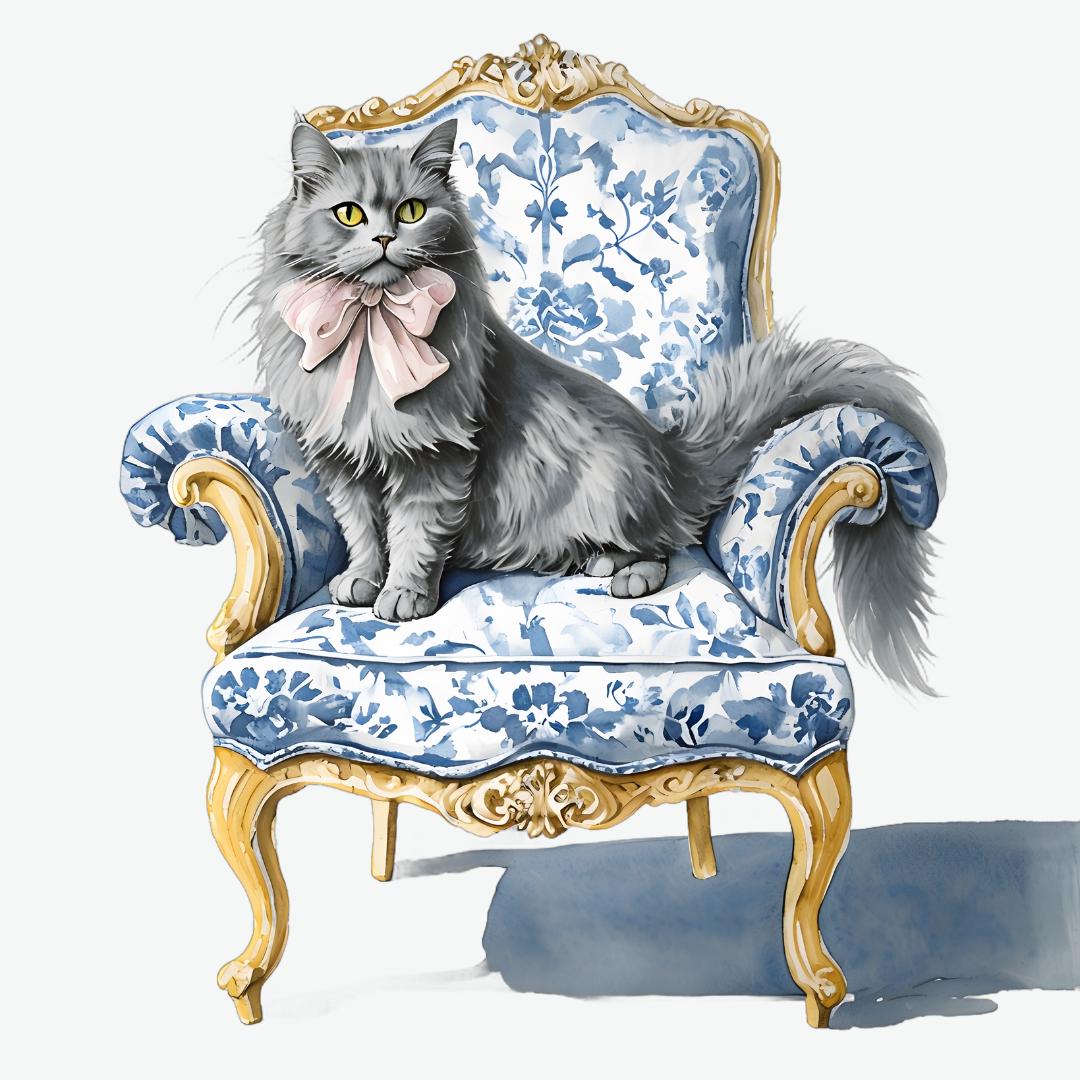 Russian Gray | Niebelung Cat Rococo Art Square PNG, Chinoiserie Cat, Blue Willow, Grand Millenial, Cat Mom Gift, Toile Gray Cat, Cat Portrait