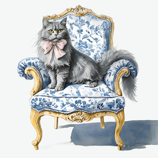 Russian Gray | Niebelung Cat Rococo Art Square PNG, Chinoiserie Cat, Blue Willow, Grand Millenial, Cat Mom Gift, Toile Gray Cat, Cat Portrait