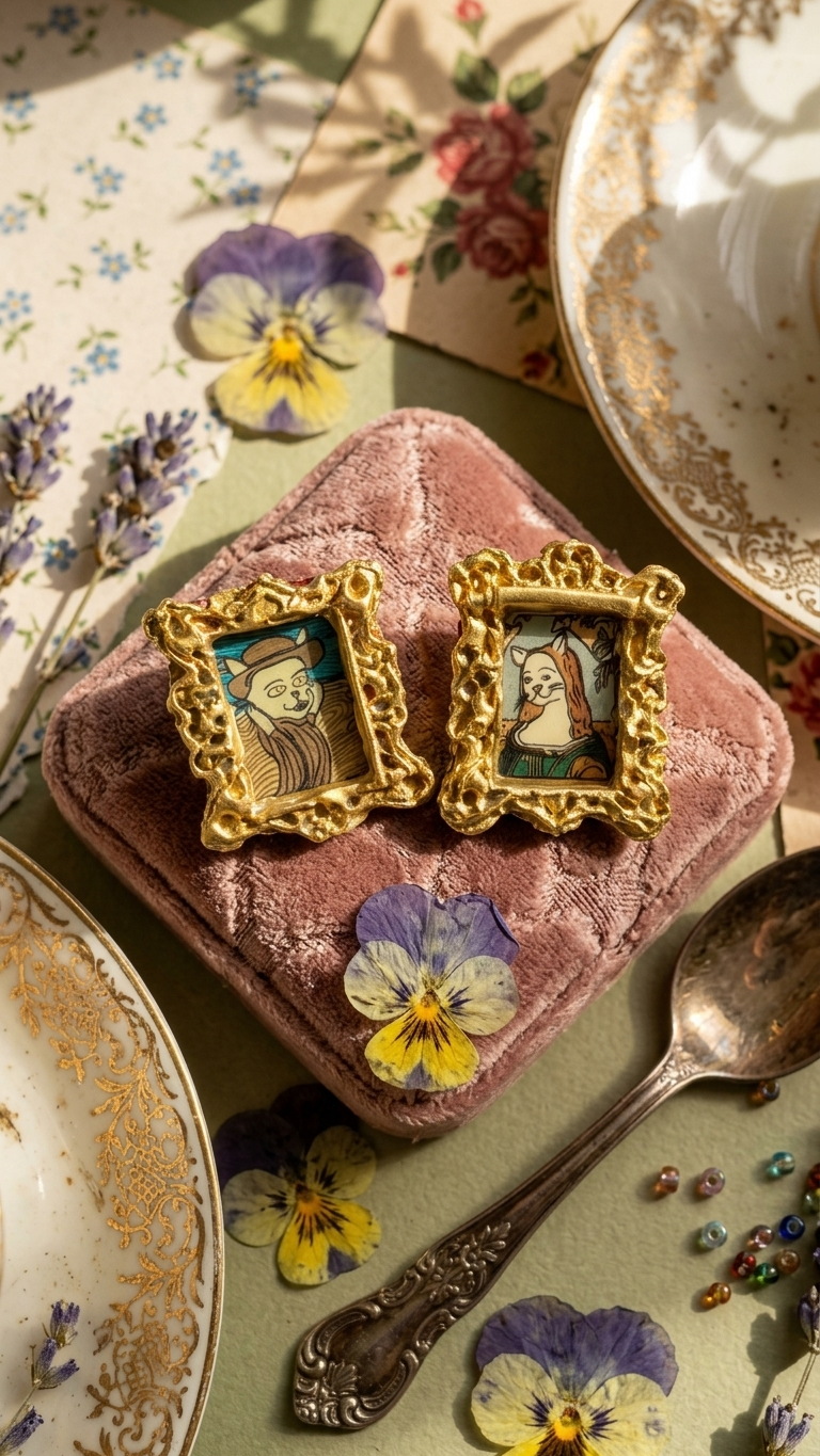 Two gilded frame cat portrait earrings on pink velvet