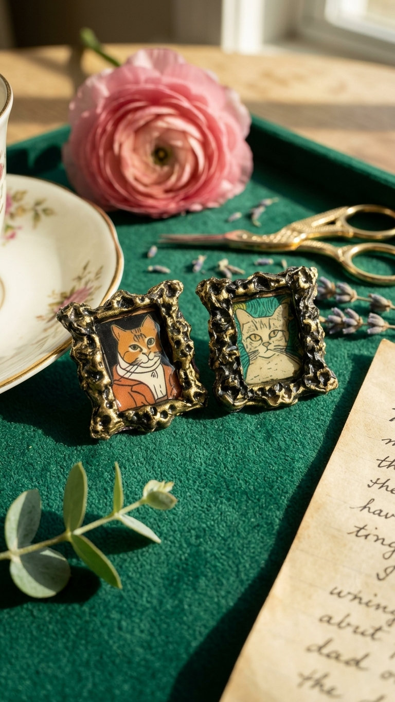 Cat portrait frame earrings on green velvet with dried flowers