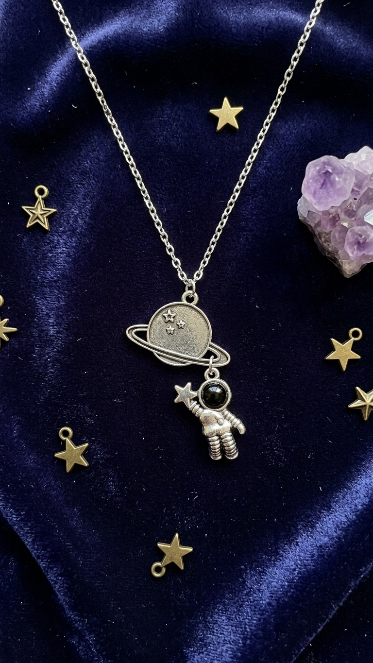Astronaut on ringed planet charm necklace on dark velvet with stars and amethyst