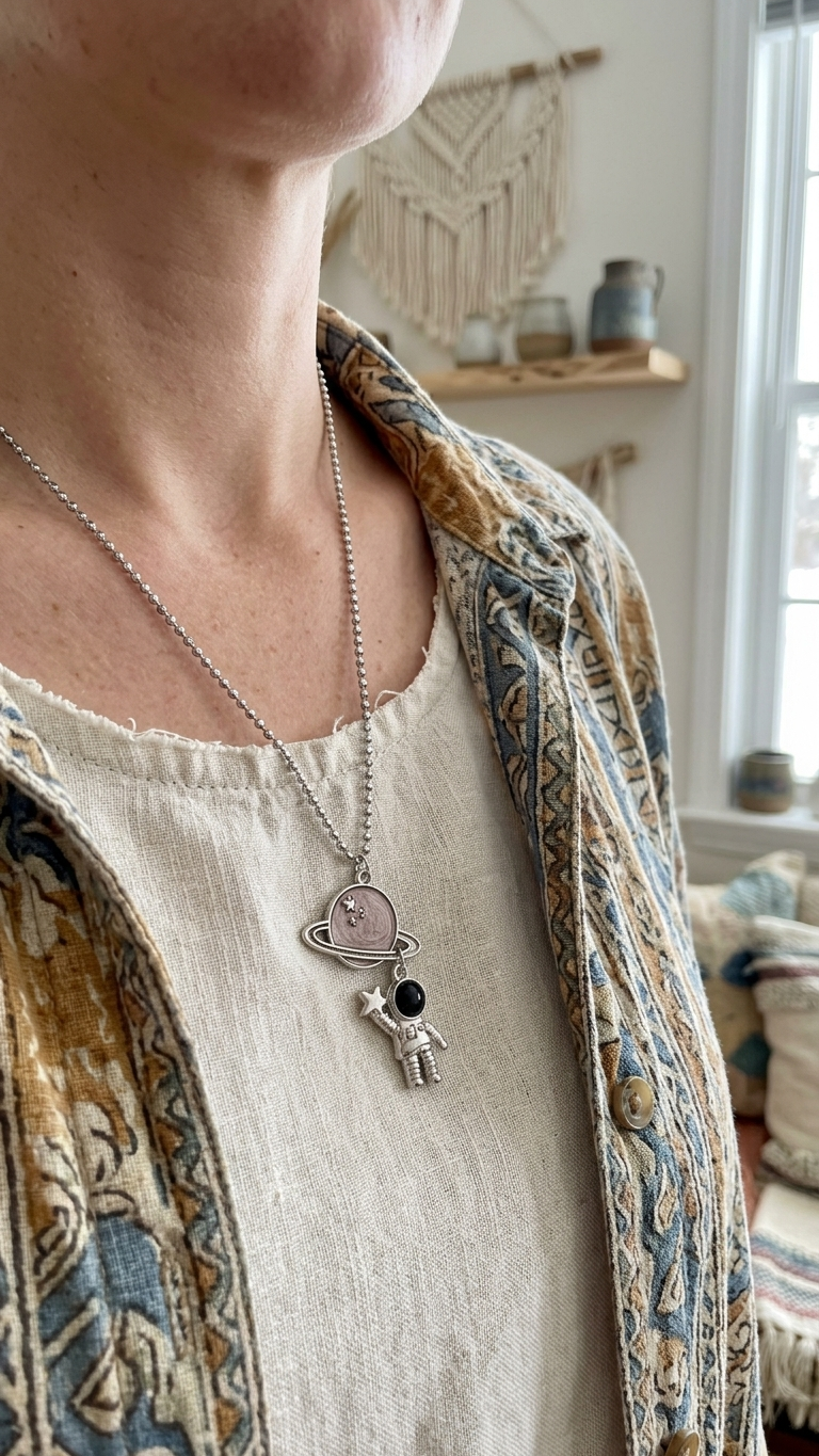 Astronaut on ringed planet charm necklace worn with linen dress