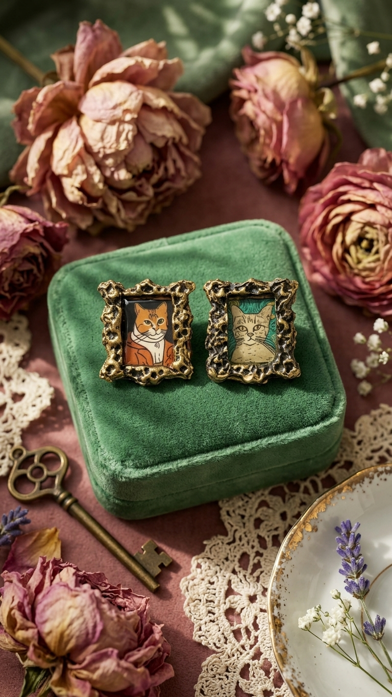 Cat portrait frame earrings on green velvet with vintage key