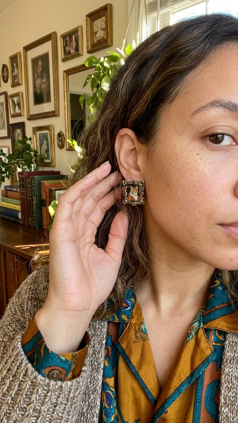 Cat portrait frame earring worn on ear with bookshelf background