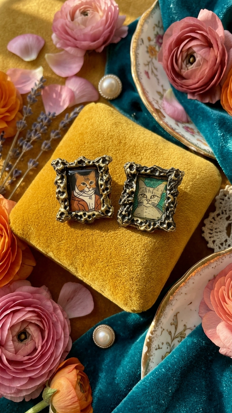 Cat portrait frame earrings on gold velvet with roses