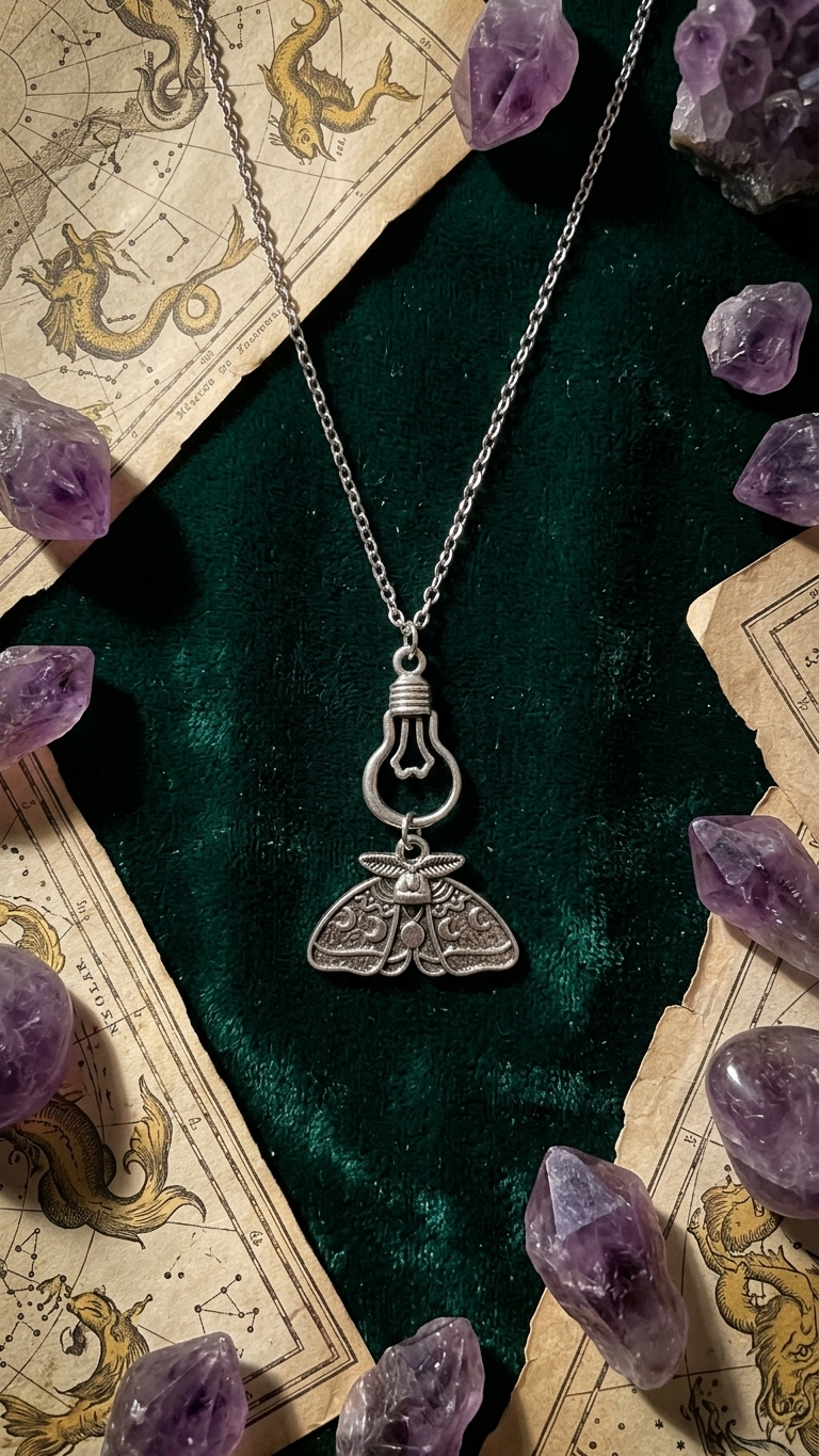 Moth and lightbulb necklace on dark green velvet with amethyst crystals