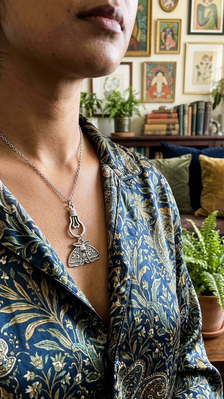 Moth and lightbulb necklace worn close on neck