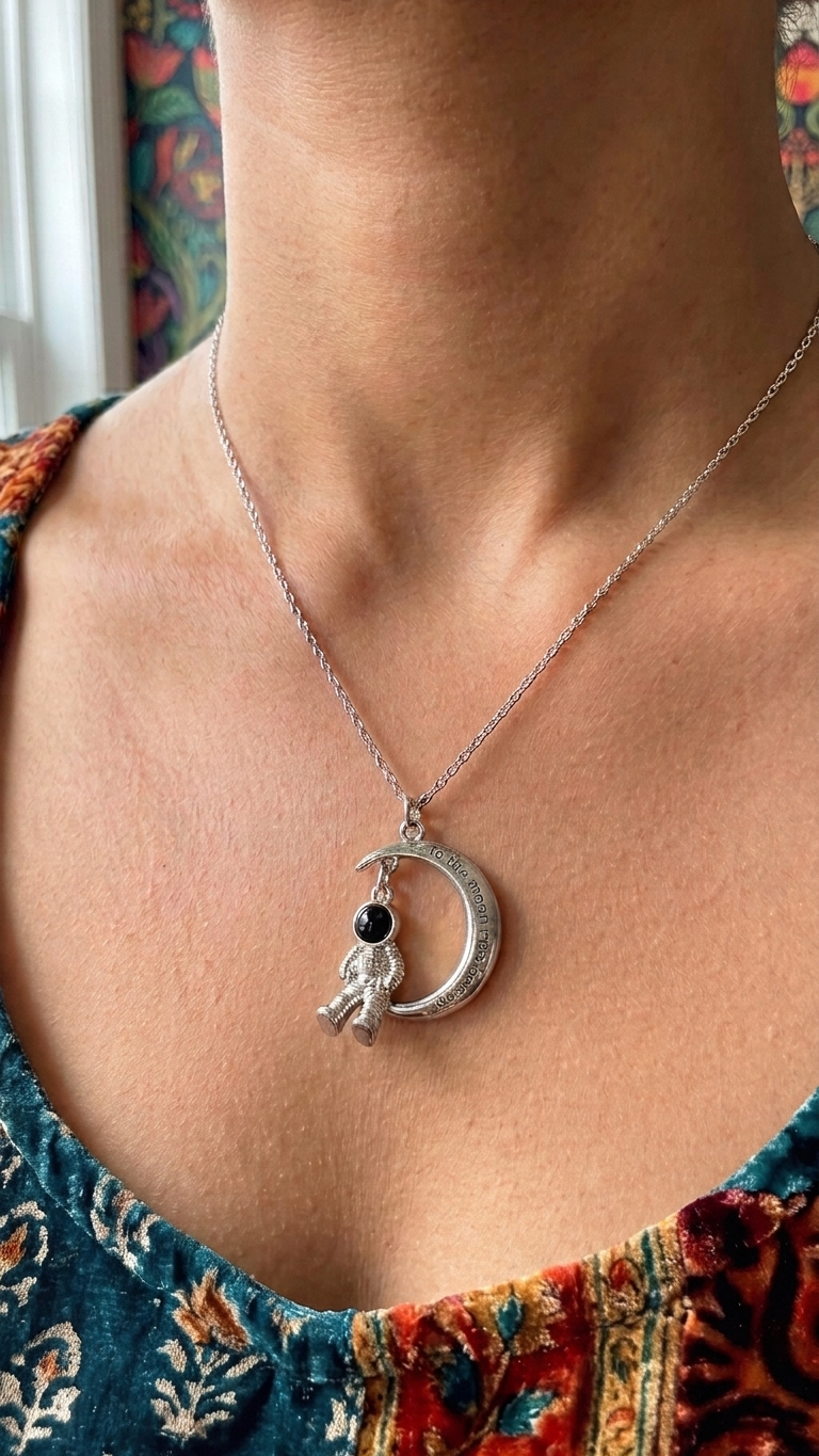 Astronaut on moon charm necklace worn close on neck