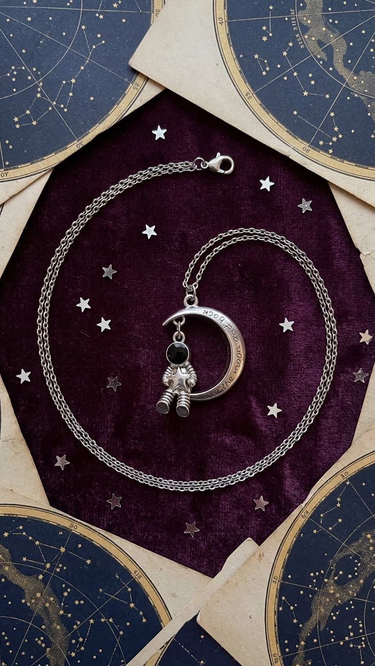 Astronaut on moon charm necklace coiled on velvet with star maps